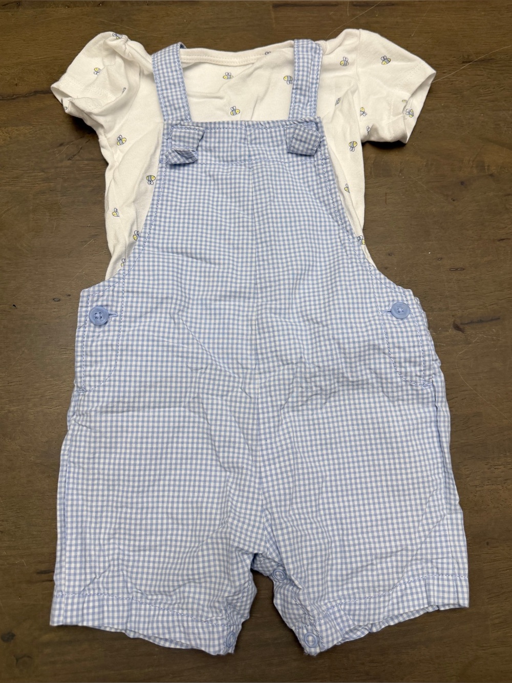 Carter's Light Blue Gingham Overalls with Adjustable Straps and Bumble Bee Shirt